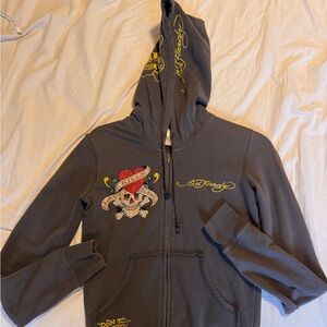 Vintage Ed Hardy Charcoal Hoodie with Skull and Heart Motif